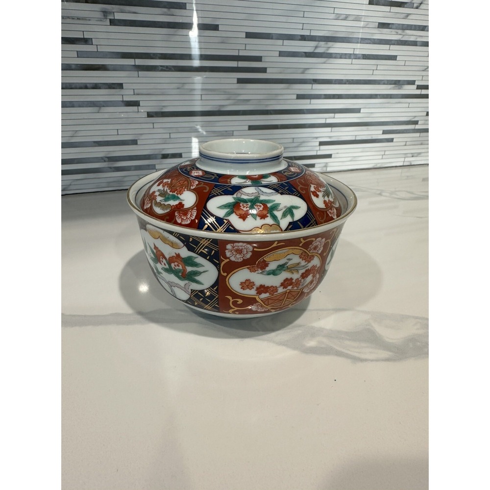 Vintage Japanese Porcelain Bowl with Lid Floral Bird Red Gold Accent‎ Decor